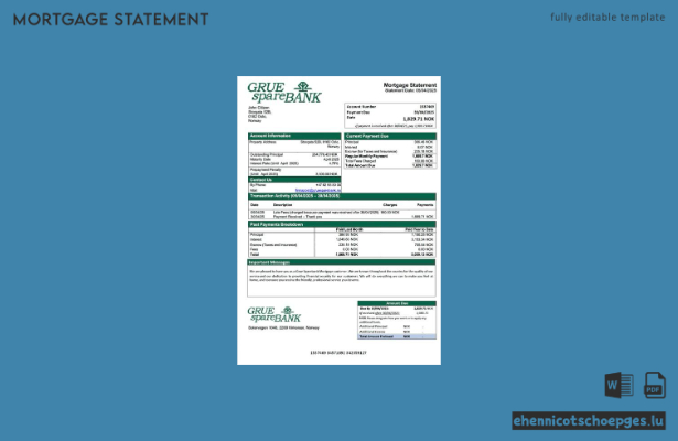 Norwegische Grue Sparebank Hypothekenabrechnung (Word- und PDF-Beispiel)